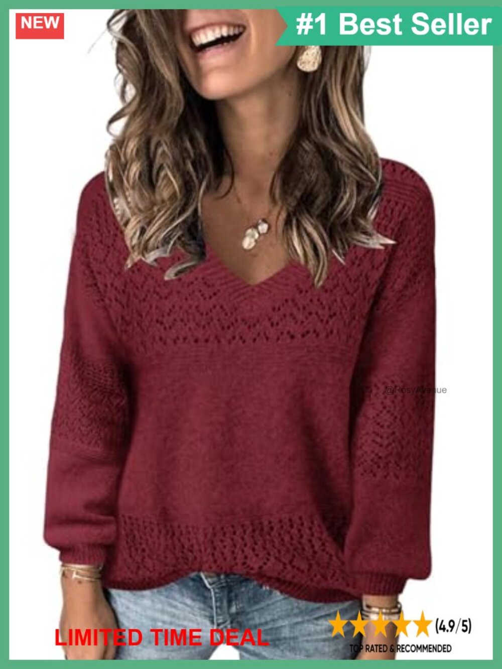 Womens V Neck Long Sleeve Hollow Knit Pullover Sweater Crochet Loose Fit